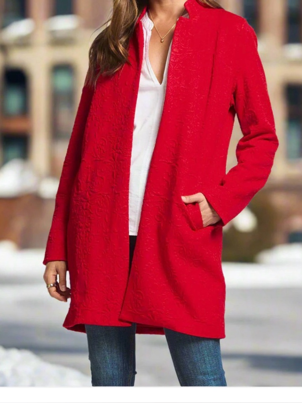 Dear Scarlett Red Longline Embroidered Jacquard Midi Coat Large NWOT